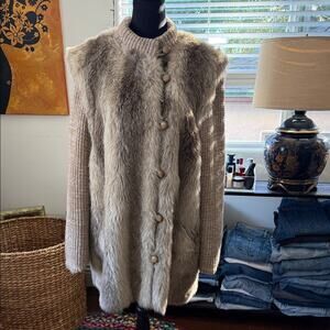 Vintage 80s Cheyenne by Hillmoor Tan Faux Fur Sweater Knit Button Up Boho Coat